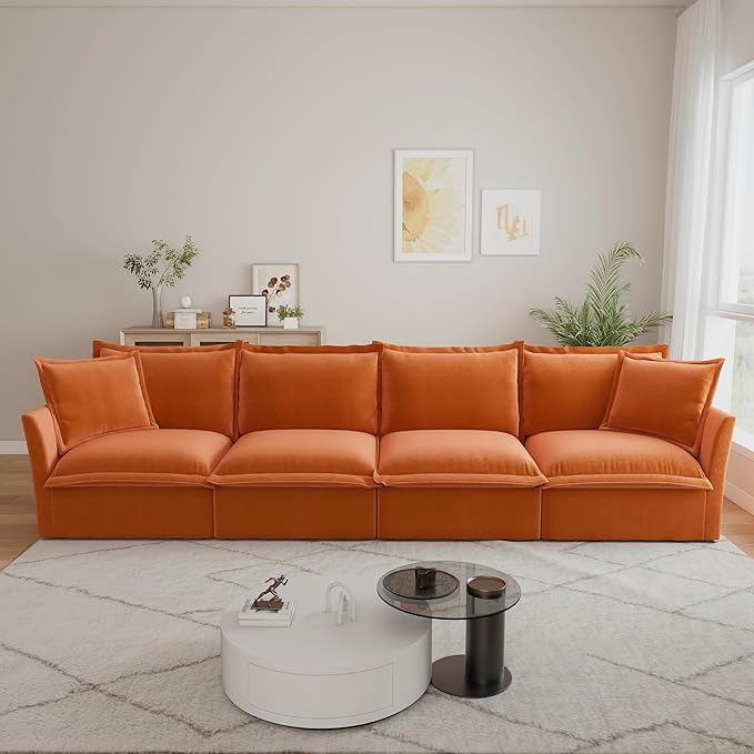 156.6 Inch 4-Seater Oversized Sectional Sofa - Wide Deep Seat Removable Washable Chenille Fabric for Living RoomOrange