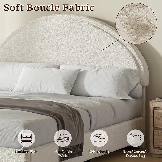 Full Size Bed Frame Soft Bed Frame with Rounded Corners Upholstered Boucle Platform Bed Frame with Round Headboard No Box Spring Required Easy Assembly White