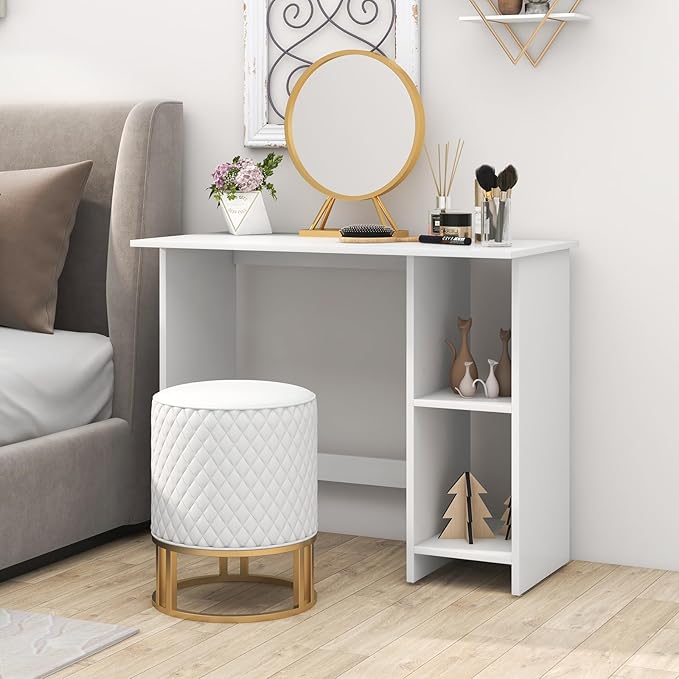 31.5 Small Desk Wooden Home Office Desks Compact Writing Study Work Table with Adjustable Shelf Modern Makeup Vanity for Bedroom Computer Workstation for Small Space (White)