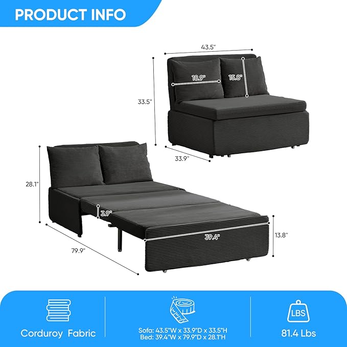 PUREMIND 3-in-1 Twin Size Pull Out Sofa Bed Convertible Corduroy Couch with Pillows and 3.9 Memory Foam Mattress Loveseat Sofa-Bed for Living Room Apartment (Dark Grey)