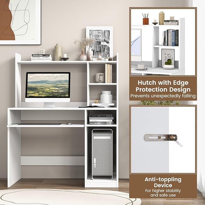 Tangkula White Desk with Hutch &ampCharging Station Home Office Desk with Keyboard Tray &amp CPU Stand Modern Laptop PC Desk Space-Saving Writing Study Desk with Bookshelf Ideal for Dorm Bedroom