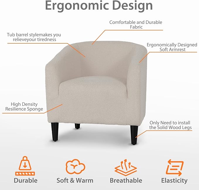 Modern Accent Chair Upholstered Barrel Armchair Single Sofa Lounge Chair with Wood Legs Comfortable Lounge Chair for Living Room Bedroom Office Small Spaces Light Gray