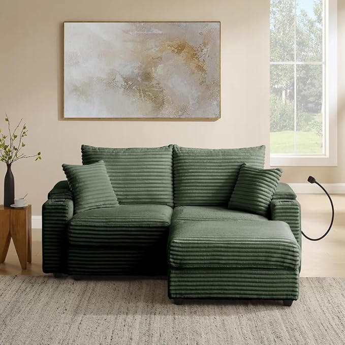 69.5 Modular Sectional Sofa L-Shaped Couches for Living Room Comfy Cloud Couch with Ottoman Convertible 3 Seats Deep Seat Sofas Green Corduroy Couch with Charger Cup Holders &amp Armrest Storag