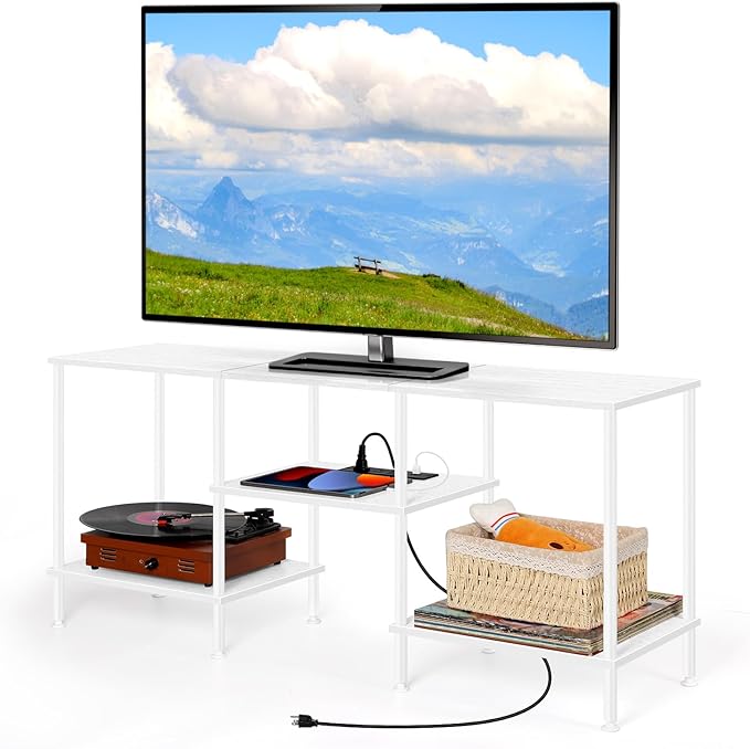 White TV Stand Bedroom with Power Outlets Small Entertainment Center Stand with Open Storage Shelves for TVs up to 50 Inch Wood TV Media Console Table with for Living Room Bedroom