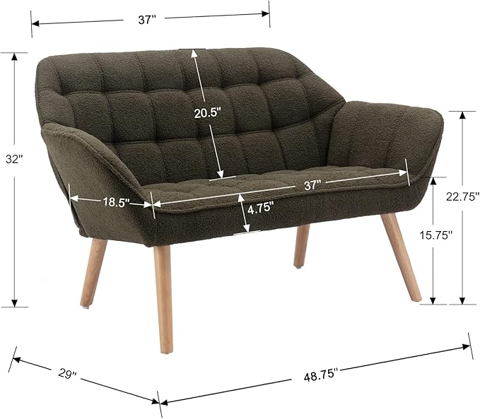 48 Small Loveseat Sofa Modern Sherpa Mini Sofa Couch 2-Seater Fluffy Love Seat with Quilting Backs and Wood Legs for Living Room Bedroom and Small Space Green