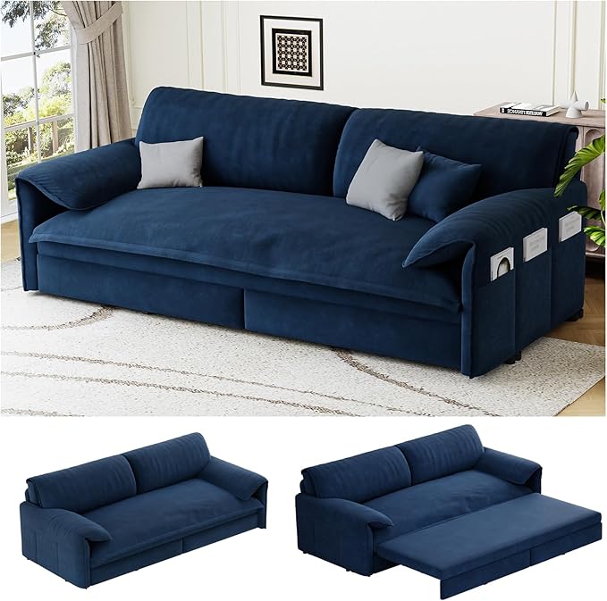 66 Queen Pull Out Couch BedVelvet 3-in-1 Queen-Size Sleeper SofaConvertible Pull-Out Sofa Bed with Side PocketsSleeper Loveseat for Living RoomApartment Offices (Blue)