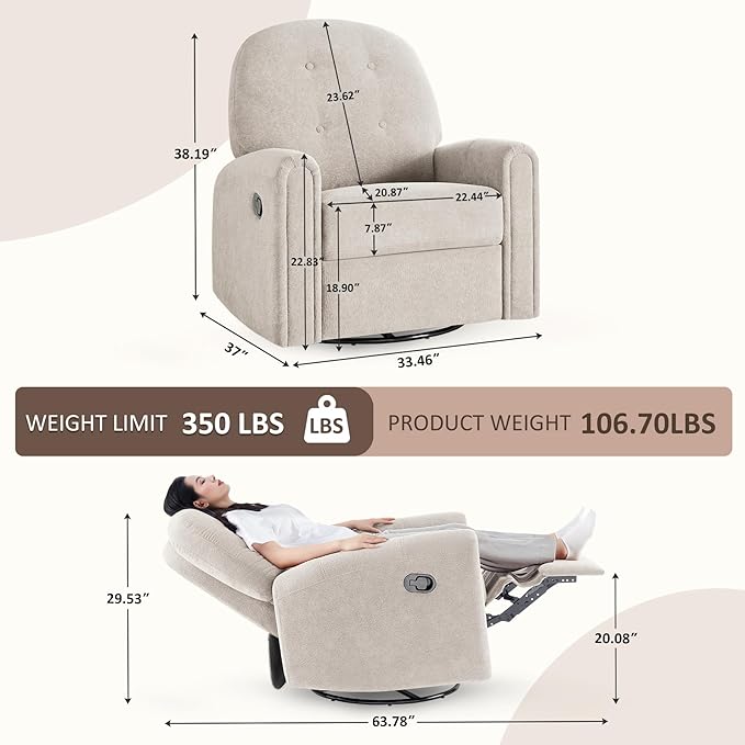 VANOMi 360 Swivel Rocker Recliner Chair Nursery Rocking Chair with Tufted Backrest Manual Recliner Chairs for Small Spaces Upholstered Glider Nursing Chair for Living Room Bedroom (Camel)