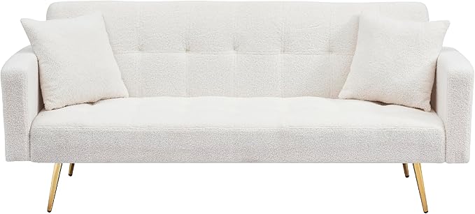 KEIKI 72 Folding Futon Sofa Couch w/Adjustable Backrest Mid Century Modern Loveseat Convertible to Sleeper Bed Small Comfy Teddy Cloud Couch SofaBed for Living Room &amp Bedroom 2 Pillows Beige