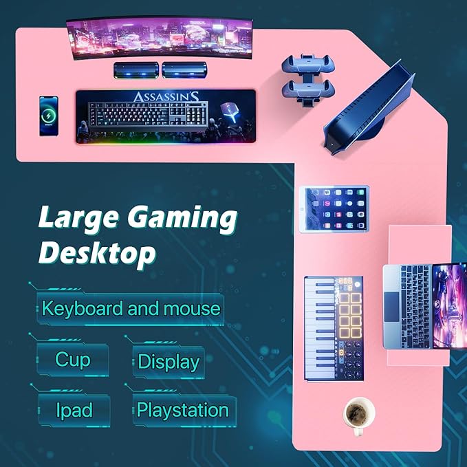Dkelincs L Shaped Gaming Desk 51 Inch Computer Corner Desk Home Office Desks PC Gaming Table with Monitor Riser Stand for Home Office Writing Workstation Pink