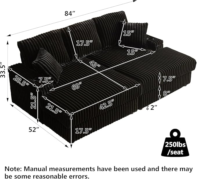 84Inch Corduroy 3-Seater Sofa with 3 Back Pillows2 toss Pillows a Ottoman2storage Spaces and Cup-Holding Grooves Comfy Sofa- Deep Seat Couch for Living RoomBlack