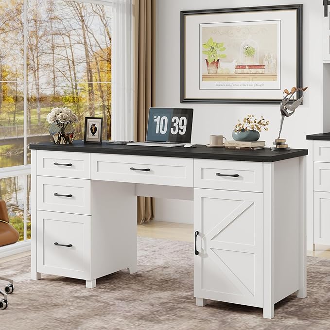Farmhouse 61 Executive Desk with 5 DrawersRustic Office Computer Desk with Charging StationFile Drawers and Storage Cabinet Wood Workstation for Home Office and Study Black.