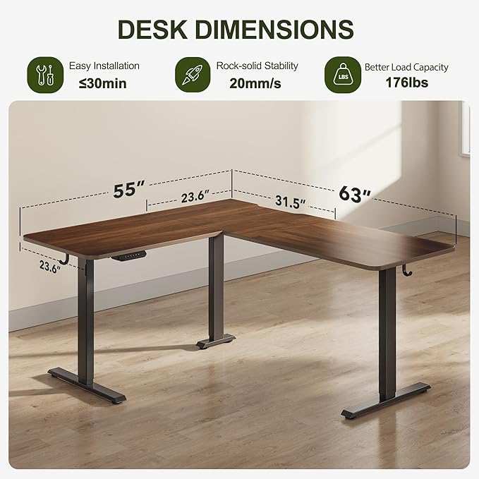 BANTI L-Shaped Standing Desk - 63 x 55 Inch Adjustable Corner Standing Desk with Charging Station - L Shape Sit Stand Table with Memory Controller Splice Board for Home Office Black Walnut