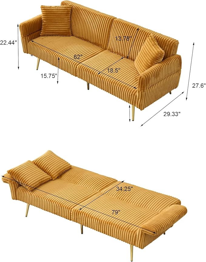 73 Convertible Futon Sofa BedComfy Teddy Fabric Sleeper Couch with 3 Reclining BackrestsGolden Chrome LegsModern Cloud Sofa Loveseat for Small Living Room Office (Yellow-Corduroy)