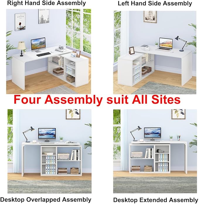 HSH White L Shaped Desk with Shelf Reversible Modern Home Office Desk Workstation L Shape Computer Desk with Storage Cabinet Drawer Industrial Wood Corner Table for Work Study Writing Gaming 55 In
