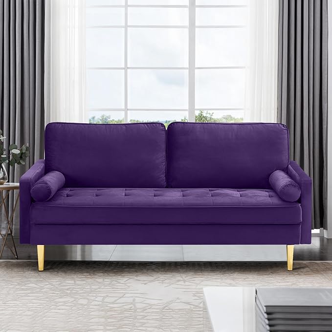 67in Modern Velvet Loveseat Sofa Couch Mid-Century Tufted Upholstered Small Love Seat Couch with 2 Pillows &amp 4 Golden Legs 2-Seats Couches for Compact Space Living Room Apartment (Purple)