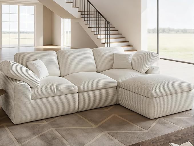 Cloud Sectional Couches for Living Room 4 Seater Cloud Modular Couch Boneless Comfy Sofa for Apartment L Shaped Corduroy Sectional Sofas with Ottoman Cream
