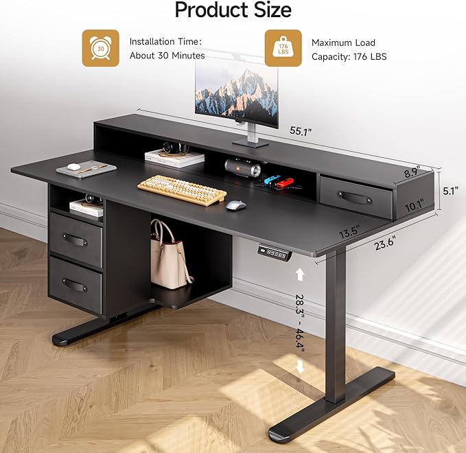 ONBRILL Standing Desk with Drawers 55x24 Inch Electric Stand Up Desk with 3 Drawers and Open Storage Shelf Adjustable Height 28-46 Inches for Home and Computer Workstation Black