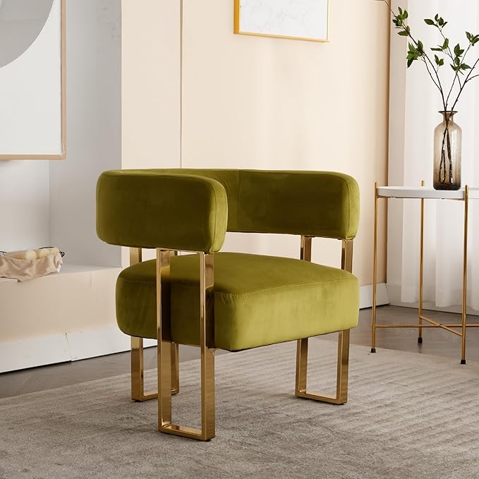 Modern Barrel Accent Chair Living Room Side Chair with Golden Metal Legs Soft Velvet Upholstered Reading Armchair for Bedroom/Reception Room/Lounge/Office Olive