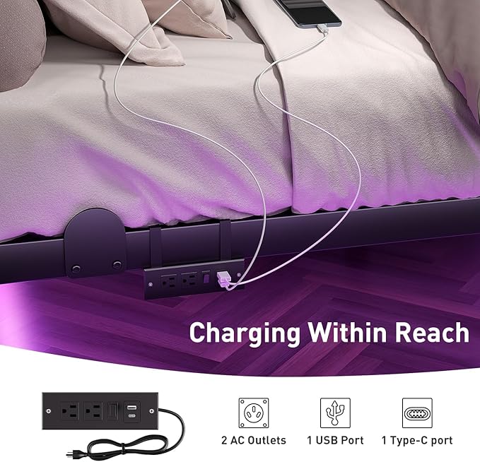 Floating Bed Frame with LED Lights and Charging Station 10 Inch King Size Floating Bed Frame King Platform Bed Frame No Box Spring Needed Easy to Assemble