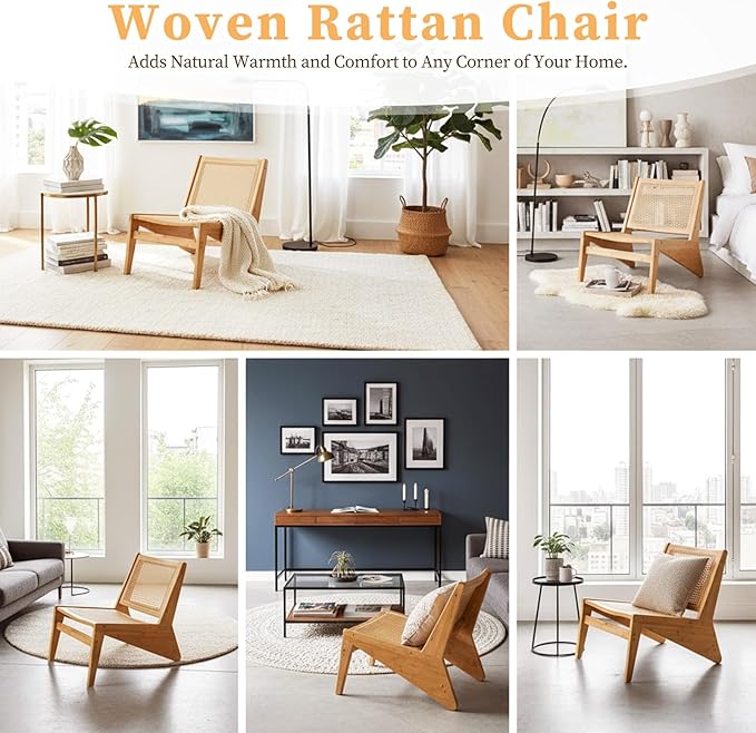 Rattan Accent Chair for Living Room Mid Century Side Chair Comfy Bamboo Chairs for Bedroom Reading Room Wood