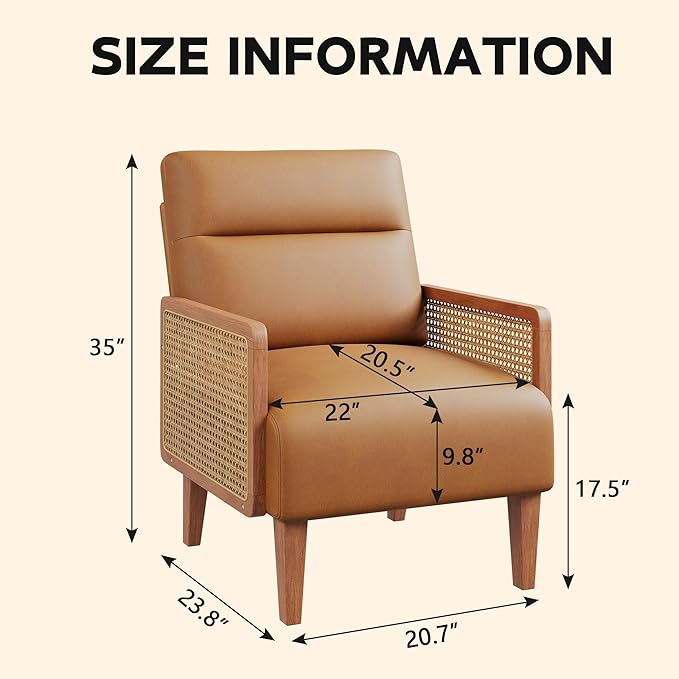 HAOBO Home Mid Century Modern Accent Chair Upholstered Living Room Chairs Armchair with Rattan Armrest Comfy Reading Chair with Wood Frame Lounge Side Chair