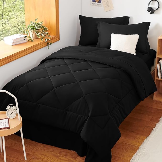 CozyLux Twin XL Comforter Set Black - 5 Pieces Twin Extra Long Bed in a Bag for College Dorm All Season Bedding Set for Girls and Boys Soft Bed Set with Comforter Sheets Pillowcase &amp Sham