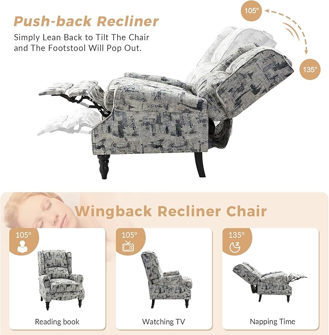 HULALA HOME Upholstered Wingback Recliner Chair Small Adjustable Footrest Push Back Single Reclining Sofa Mid Century Modern Lounge Armchair for Living Room Bedroom Reading/Grey