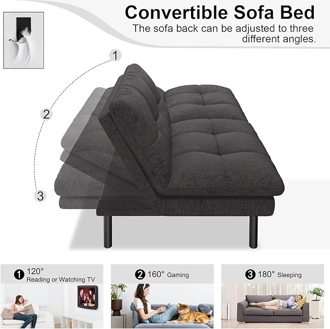MUUEGM 68 Futon Sofa Bed with Memory FoamFuton Couch with Adjust Backrest Couches Bed for Living RoomStudios Apartments Dormitories Offices and Game RoomsBlack