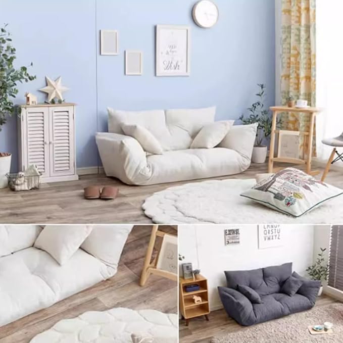 Japanese Style Leisure Sofa Bed for Small Living Rooms and Bedrooms Double Tatami Design Foldable Multi-Functional Couch Cotton and Linen Off-White