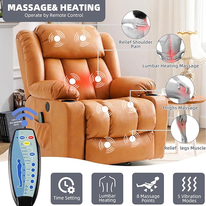 Power Lift Recliner Chair for Elderly Electric Recliner Chairs for Adults with Massage and Heat Cup Holders Remote Control USB Ports Side Pockets Leather (Golden Orange)
