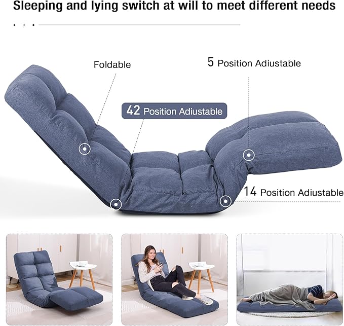 Floor Recliner with Adjustable Footrest - 14-Position Backrest &amp 5-Level Footrest for Ultimate Relaxation Foldable Linen Chaise Lounge Chair for Living Room (Blue)