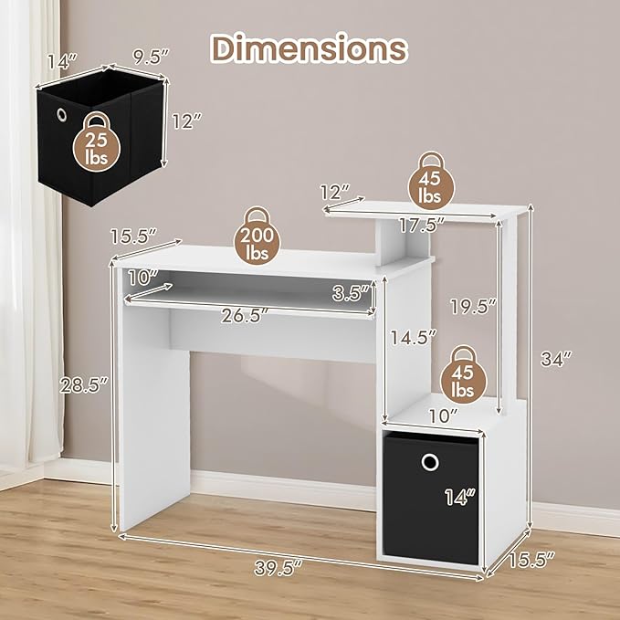 Giantex White Computer Desk with Drawers &amp Keyboard Tray Modern Home Office Desk with Storage Shelves &amp Printer Stand Laptop PC Table for Workstation Study Writing Desk for Small Spaces Be