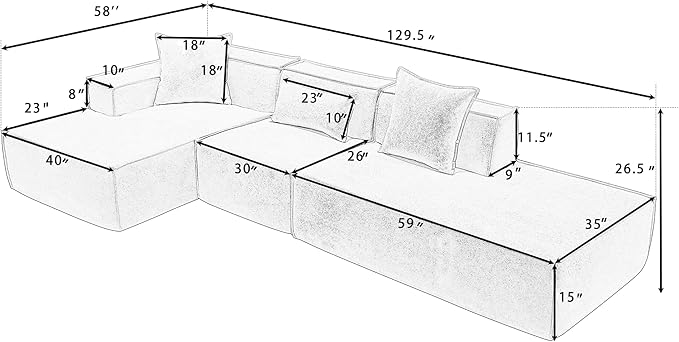129.5'' Towelling Fabric L-Shaped Modular Sectional Sofa Tofu Block Floor Sofa with 3 Pillows for Living Room (Beige Left-Hand Facing)
