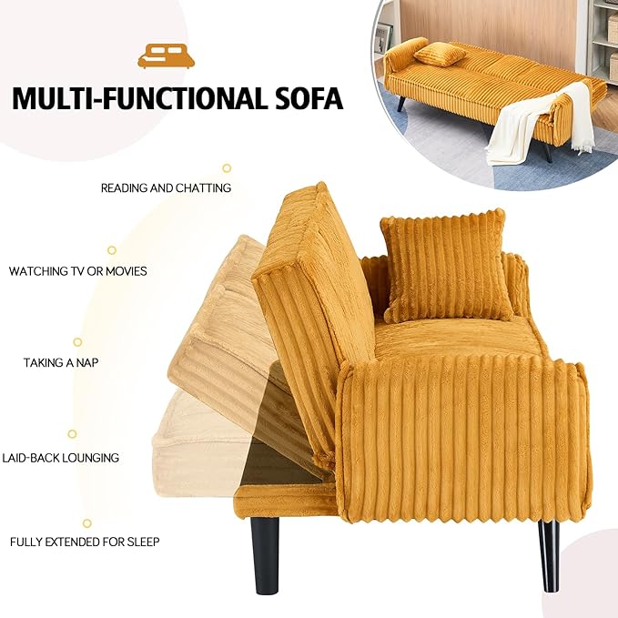 Futon Sofa Bed Modern Folding Couch for Small Space 72'' Corduroy Convertible Loveseat Sleeper Bed Daybed Recliner Lounge Sofas for Living Room2 Cup HoldersMetal LegsRemovable Armrests (Orange I)