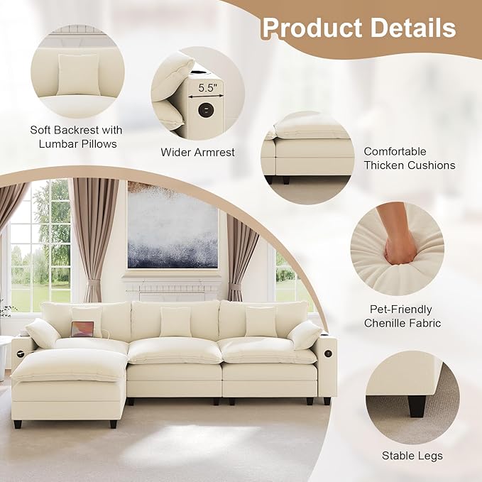 116 Modular Sectional Sofa L Shaped Cloud Couch with Movable Ottoman Chenille Deep Seat Cloud Sofa with Charging Station Cup Holder Side Pocket Sectional Couches for Living Room Beige