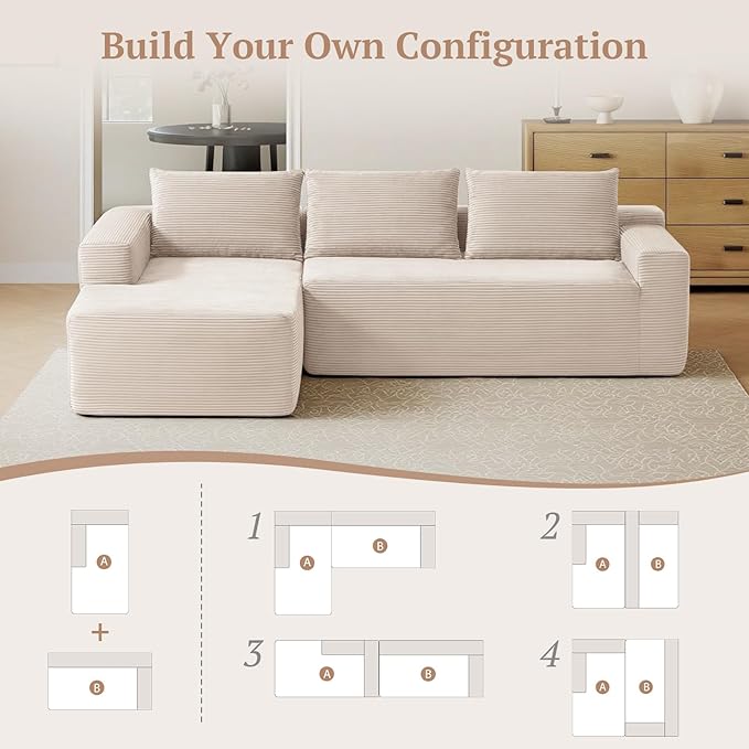 97inch Boneless L-Shaped Sectional Sofa with Throw Pillow &amp Side Pockets- No Assembly Compressed Modular Couch Memory Foam Deep Seat for Living Room Bedroom Apartment White Left