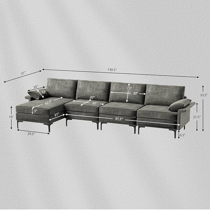 Giantex 130.5 L Convertible Sofa Couch Sectional Sleeper with 2 USB Ports Socket Comfy Cushion 2 Storage Box L-Shaped Modular Modern Sofa Reversible Chaise Lounge Living Room Furniture Grey