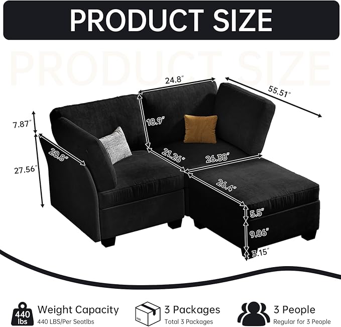 Modern Sofa Modular sectional Cloud Couch with 2 Ottomans 6-seat Chenille deep-seat with Storage and 6 Pillows for Living Rooms bedrooms and Apartments (Black 2Seater+1Ottoman)