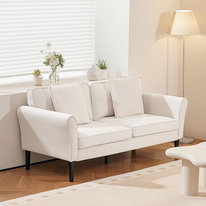 VEVOR Loveseat Sofa 69-Inch Small Sofa Couch for Living Room Velvet Fabric 2-Seats Couch with Sinuous Spring Soft Cushions and Sturdy Frame Comfy Loveseat for Bedroom Office or Apartment White