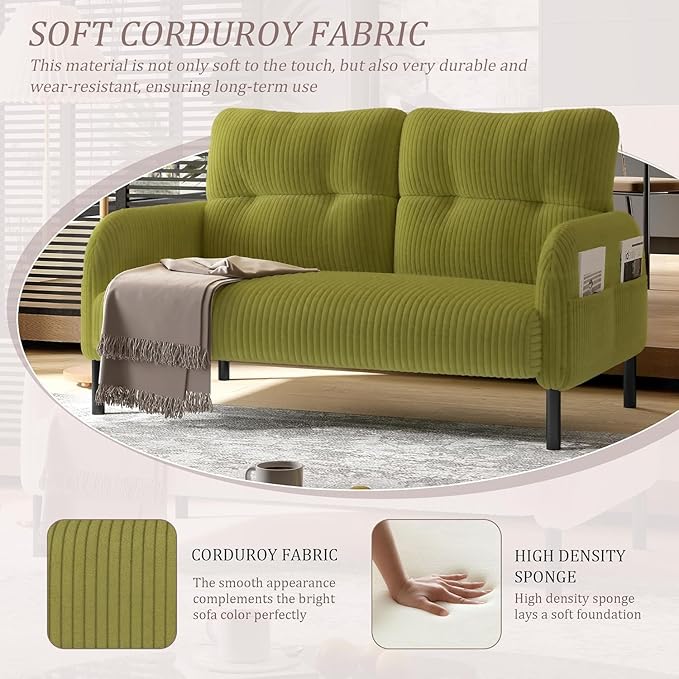 Corduroy Loveseat for Living Room &amp Bedroom - Modern 2-Seater Sofa with Storage PocketsSolid Wood Frame High-Density FoamComfortable Compact Couch for Small Spaces500 lb Capacity (Olive Green)