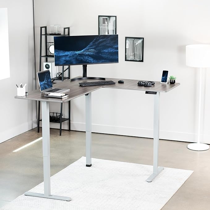 VIVO Corner Standing Desk 63 x 55 inch Reversible L-Shaped Workstation Electric Height Adjustment Home Office and Reception Rooms Dark Gray Table Top Gray Frame DESK-E3CTGG