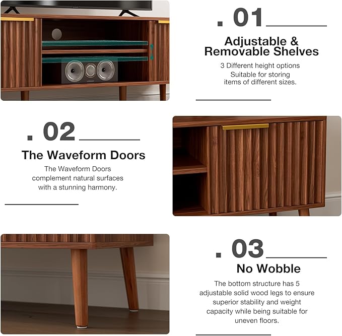 TV Stand for Living Room Mid Century Modern Entertainment Center for 55/60 inch TVs TV Console with Fluted Door Cabinets and Open Shelves for Bedroom Walnut