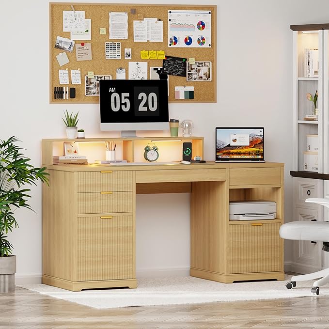 Fluted Desk with Drawers Filing Cabinet 63 Home Office Executive Desk with Lift Top Gaming Desk Charging Station Sensor Lights Wood Computer Table with Monitor Stand Natural Wood