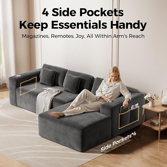 108” Cloud Sectional Couch Modern Modular Sectional Sofa with Deep Seat Corduroy Boneless Couches with Chaise L-Shaped Sofa for Living Room 4 Storage Pockets (Right Facing Chaise Grey)