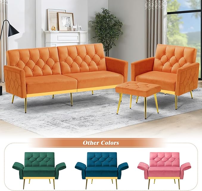 Velvet Accent Chair w/Adjustable Armrests and Backrests Tufted Single Sofa with Ottoman Upholstered Reading Chiar for Living Room Apartment Bedroom Orange