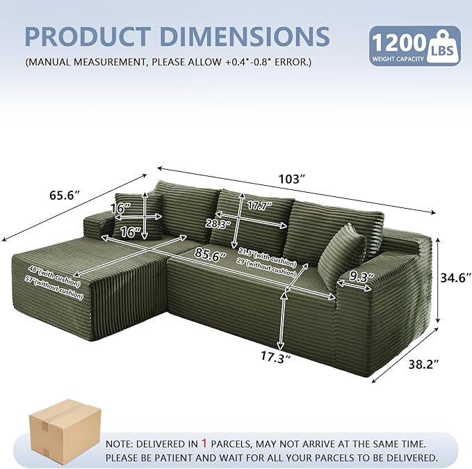 103 L-Shape Cloud Couch with Chaise Upholstered Corduroy Modular Sectional Sofa Deep Seat Couch with Free Combination for Living Room &amp ApartmentNo Assembly Required(GreenLeft Facing Chaise)