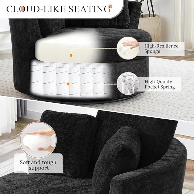 42 W Modern Black Swivel Barrel Chair with 360° Round Metal Base &amp Soft Chenille Pillows &amp Thick Cushion Comfy Oversized Chaise Longue Indoor Living Room Bedroom Club Reading Armchair (Blac