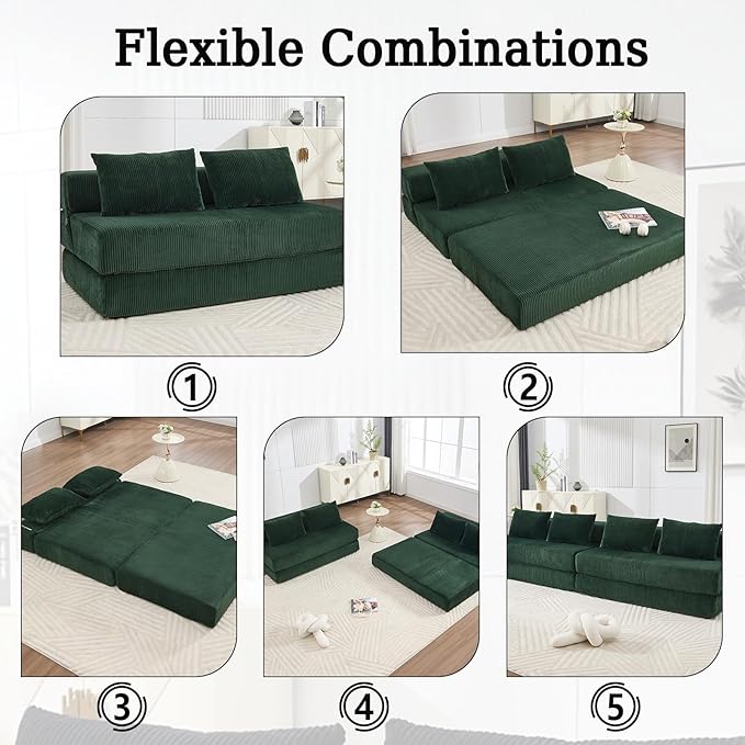 55 Convertible Folding Sofa Bed with 2 Pillows Corduroy Foldable Sleeper Sofa for Adult Floor Couch Bed for Living Room Bedroom No Assembly (Green)
