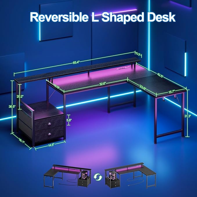 Furologee 66 L Shaped Gaming Desk with Power Outlet &amp LED Lights Reversible Corner Computer Desk with 2 Drawers &amp Storage Shelves for Home Office Large PC Table with Monitor Stand Black