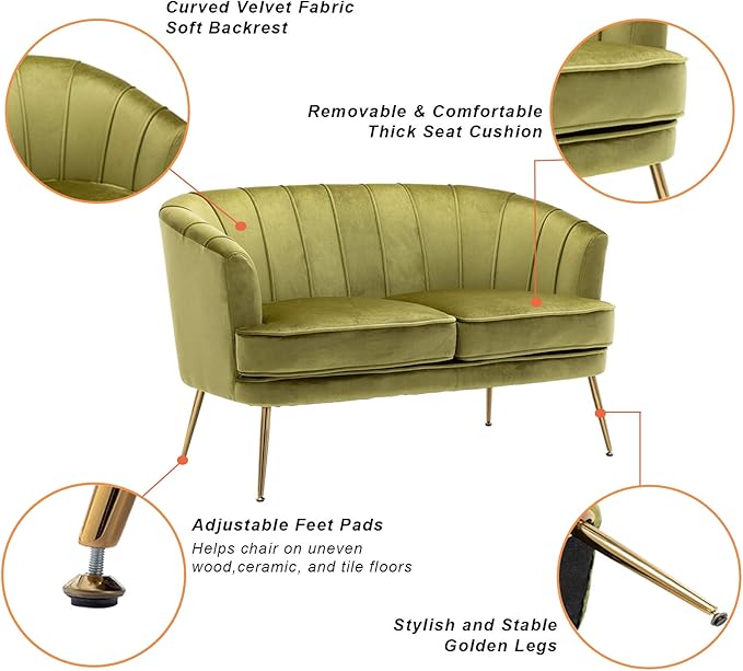 Artechworks Contemporary Velvet Loveseat Chair with Gold-Finished Metal Legs 2-Seat Sofa for Living Room Bedroom Home Office Grass Green